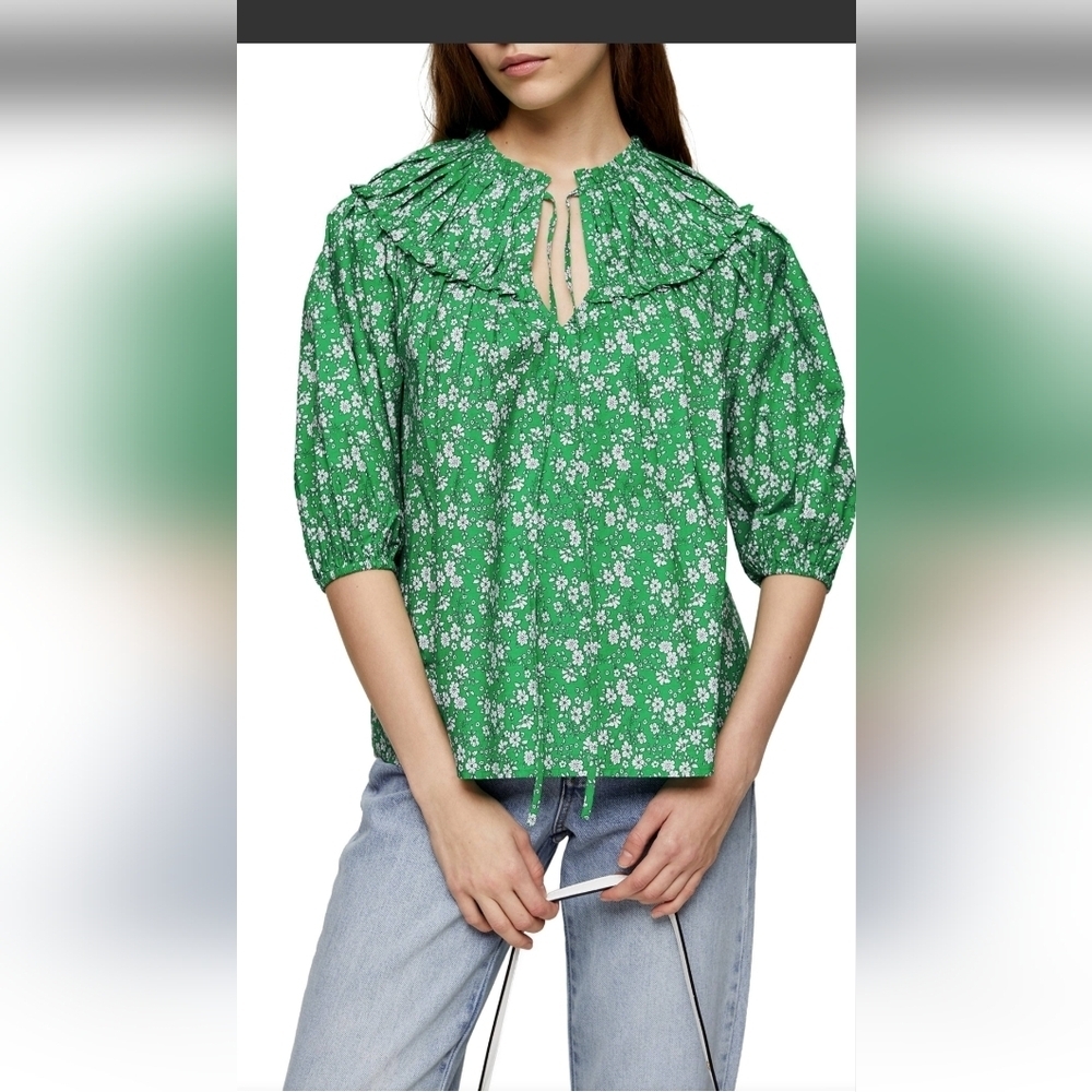 TopShop Green White Floral Shirred Pleated Bib Blouse Puff Sleeve Top size 8